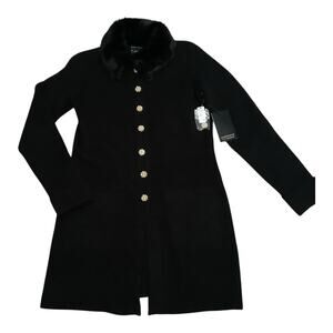 Adrienne Vittadini Women S Black Faux Fur Collar Long Knit Sweater Flower Button